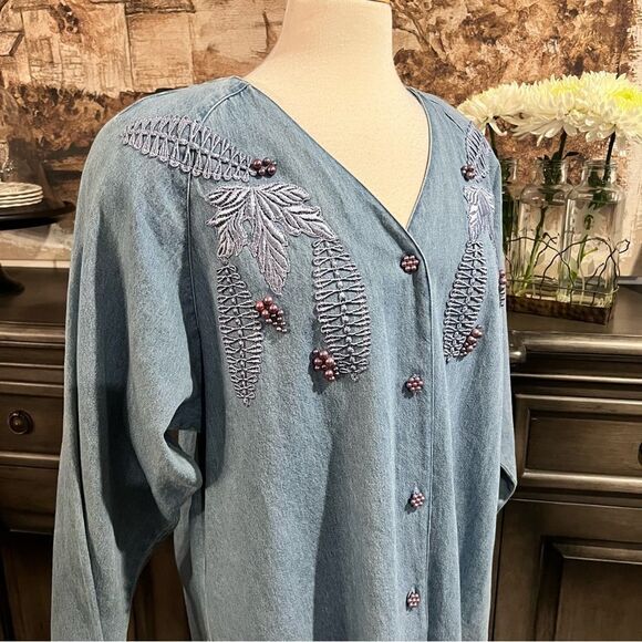 Vintage Denim Oversized Appliquéd Beaded Jacket size Large - Picture 8 of 12